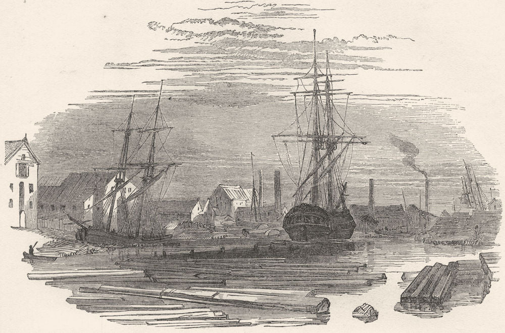 LINCOLNSHIRE. The Old Dock, Grimsby 1850 antique vintage print picture